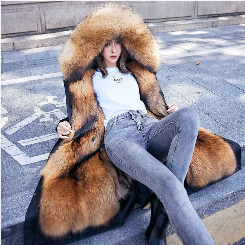 Manteau d'hiver en coton pour femme, veste épaisse et chaude, parka à capuche, grande taille, doublure intérieure amovible en fourrure jusqu'aux genoux.