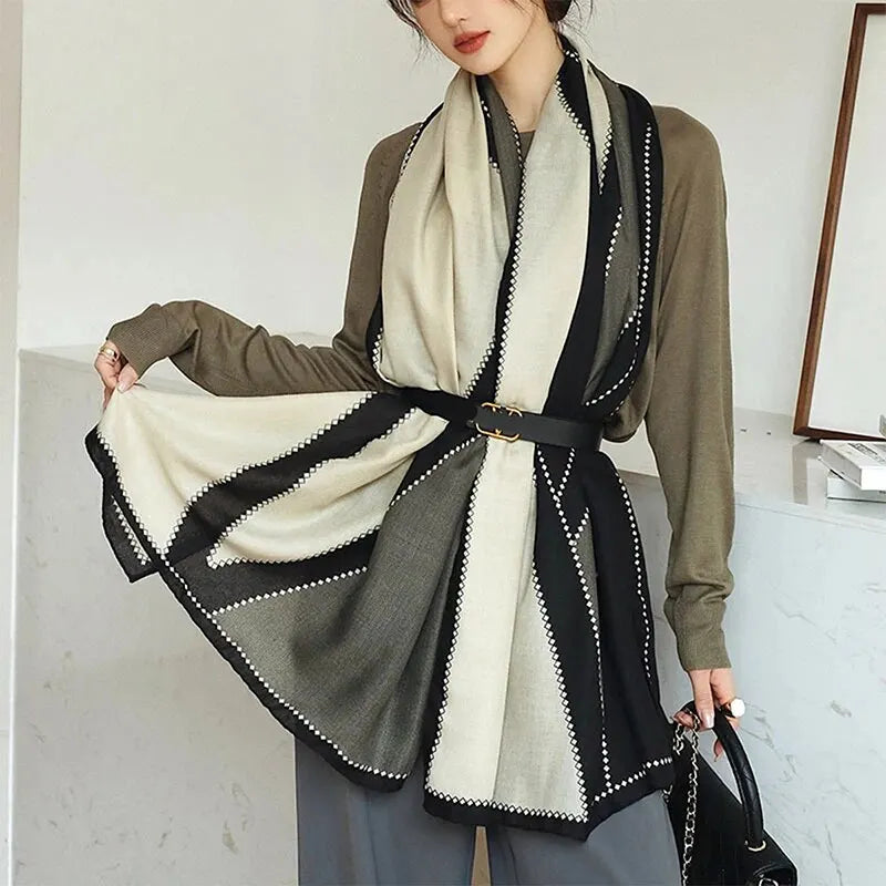 Châle imprimé à rayures géométriques en coton et viscose, foulard/hijab pour femme, protection solaire d'extérieur, 182 x 83 cm