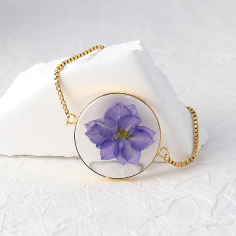 Bracelets uniques en résine époxy avec pendentif fleur bleue, élégants, à chaîne ajustable, vente en gros de jolis bracelets à breloques