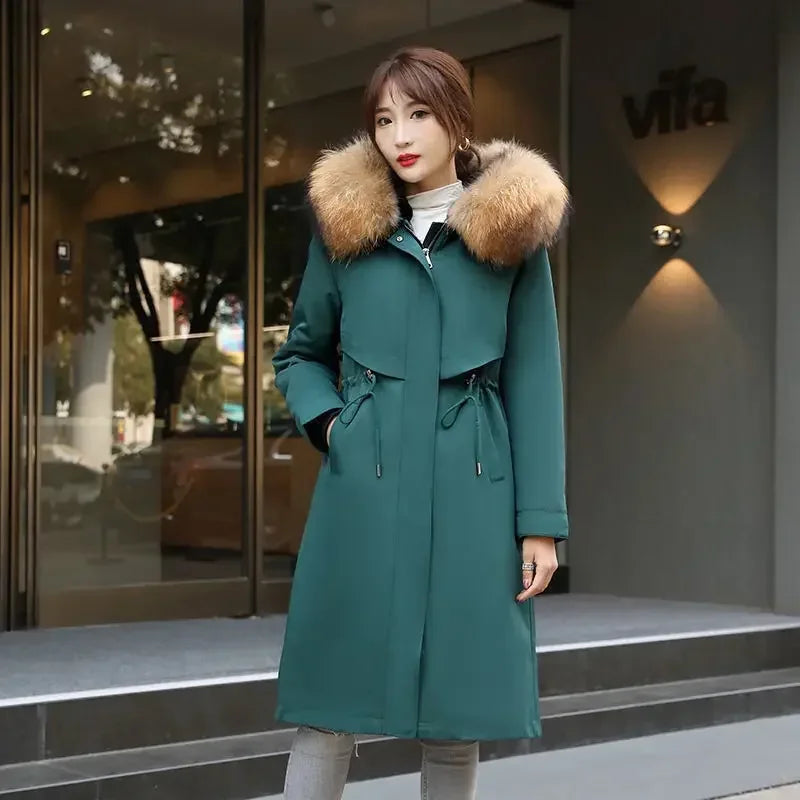 Manteau d'hiver en coton pour femme, veste épaisse et chaude, parka à capuche, grande taille, doublure intérieure amovible en fourrure jusqu'aux genoux.