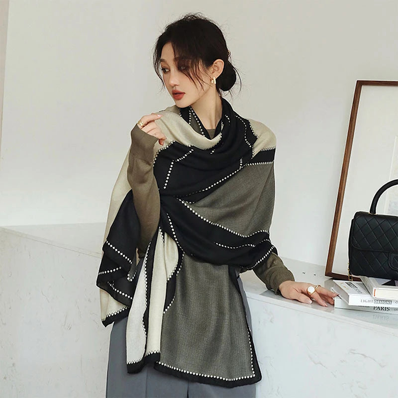 Châle imprimé à rayures géométriques en coton et viscose, foulard/hijab pour femme, protection solaire d'extérieur, 182 x 83 cm