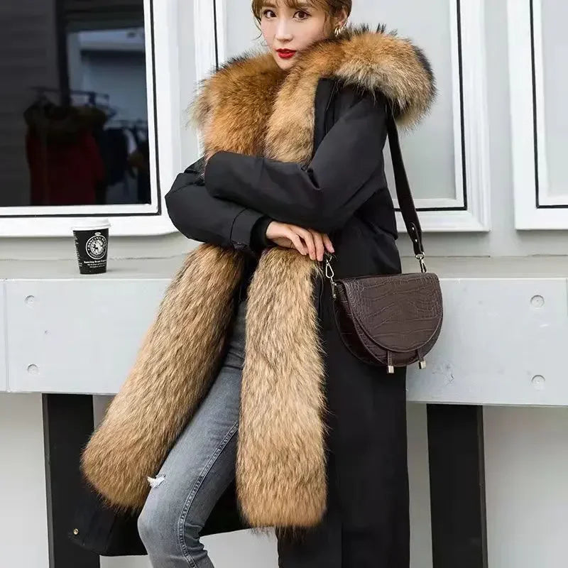 Manteau d'hiver en coton pour femme, veste épaisse et chaude, parka à capuche, grande taille, doublure intérieure amovible en fourrure jusqu'aux genoux.