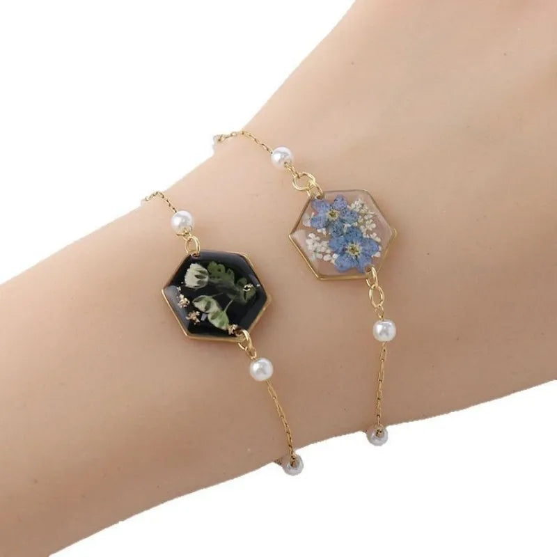 Bracelets uniques en résine époxy avec pendentif fleur bleue, élégants, à chaîne ajustable, vente en gros de jolis bracelets à breloques